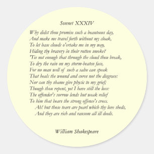 Sonnet # 34 by William Shakespeare Classic Round Sticker
