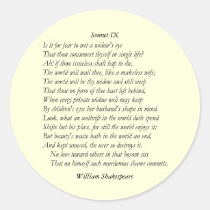 Sonnet # 9 by William Shakespeare Classic Round Sticker