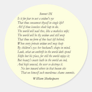 Sonnet # 9 by William Shakespeare Classic Round Sticker