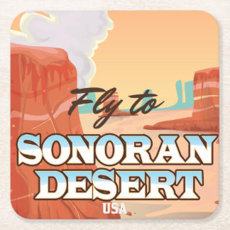 Sonoran Desert Cartoon travel poster. Square Paper Coaster