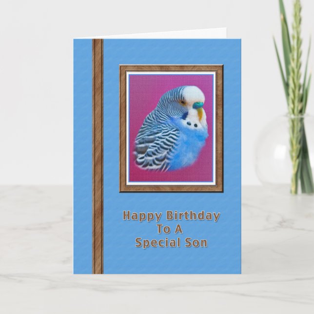 Son's Birthday Card with Blue Parakeet (Front)