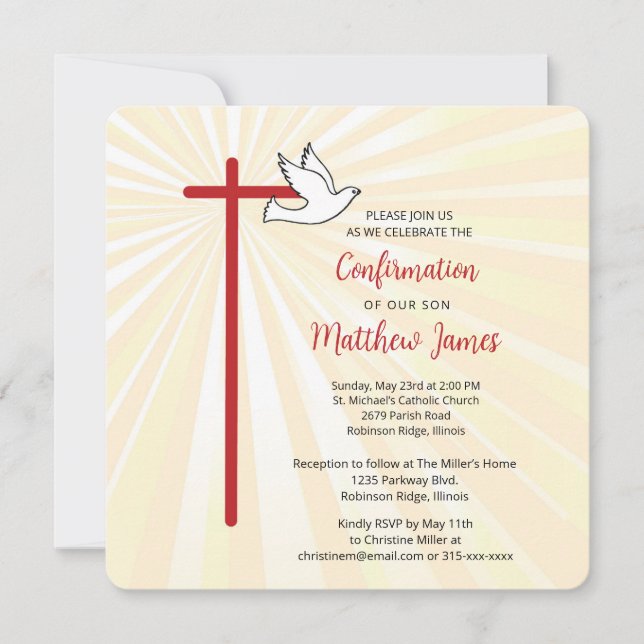 Son's Confirmation Cross Dove Gold Rays Invitation (Front)