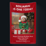 Sons First Birthday Party Photo Red Christmas Banner<br><div class="desc">Add your son's own cute photo to this christmas birthday party banner. Featuring white,  bold,  fun text under the photo on a red background. Change the text and photo by clicking on the personalize button.</div>