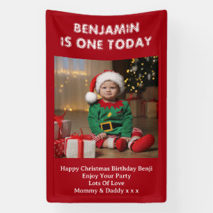 Sons First Birthday Party Photo Red Christmas Banner
