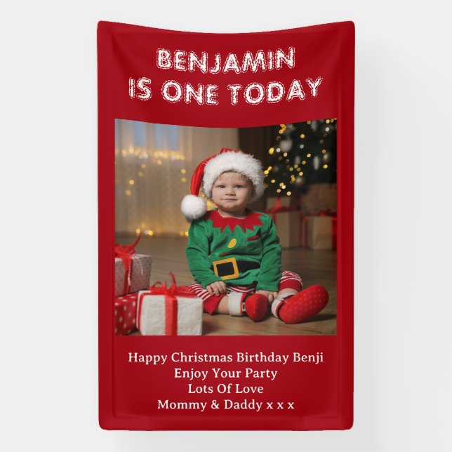 Sons First Birthday Party Photo Red Christmas Banner (Vertical)