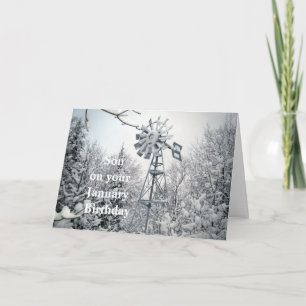 Son's January Birthday-windmill winter scene Card