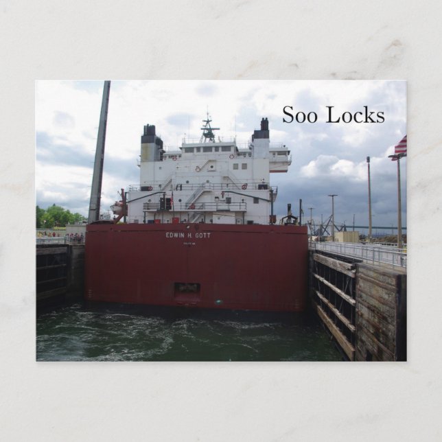 Soo Locks & Edwin H. Gott post card (Front)