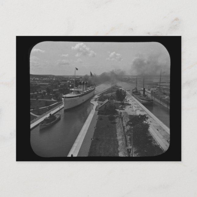 Soo Locks Magic Lantern Slide B&W Postcard (Front)