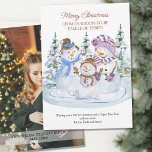 Soon to Be Family of 3 Merry Snowmen Pregnancy Announcement<br><div class="desc">Christmas card pregnancy announcement with due date of new baby. The wording reads "Merry Christmas from our soon-to-be famly of three!" (which you can edit if you wish), followed by your personalized christmas greeting. This watercolor design features 3 cute snowmen with a backdrop of christmas trees. The photo template is...</div>