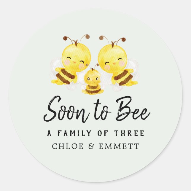 Soon to Bee a Family of Three Baby Shower Custom Classic Round Sticker (Front)