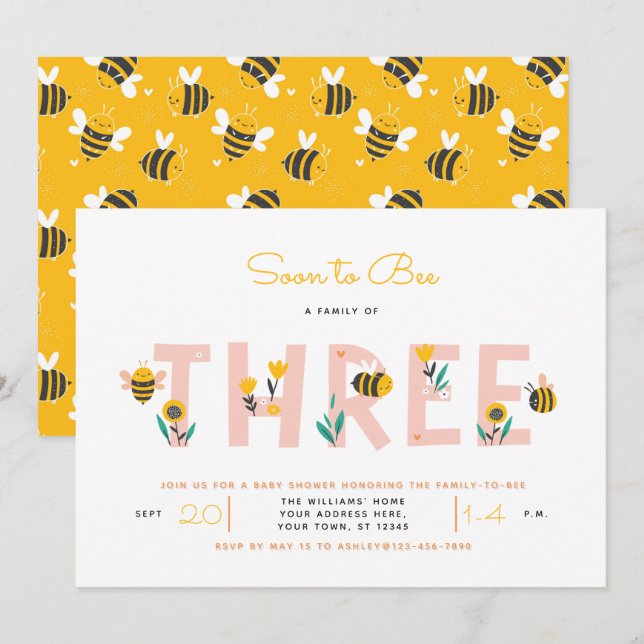Soon to Bee a Family of Three Baby Shower Invitati Invitation (Front/Back)