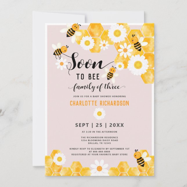 Soon To Bee Family Of Three Bumble Bee Baby Shower Invitation (Front)