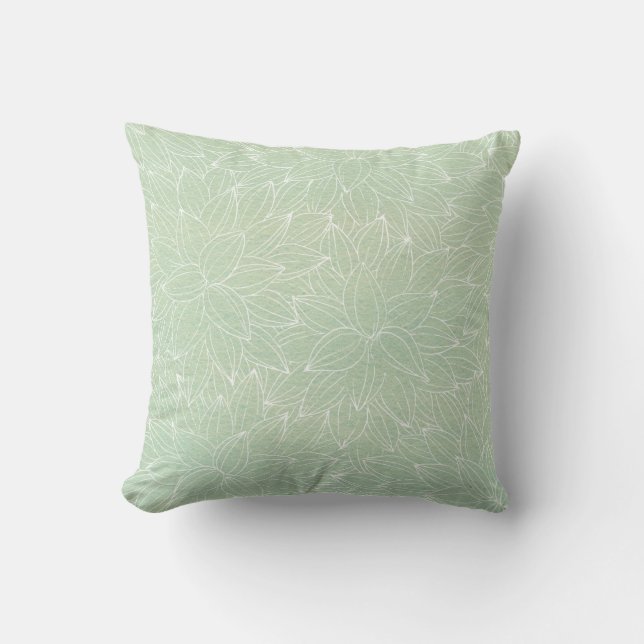 Soothing light green with white line-art throw pillow (Front)