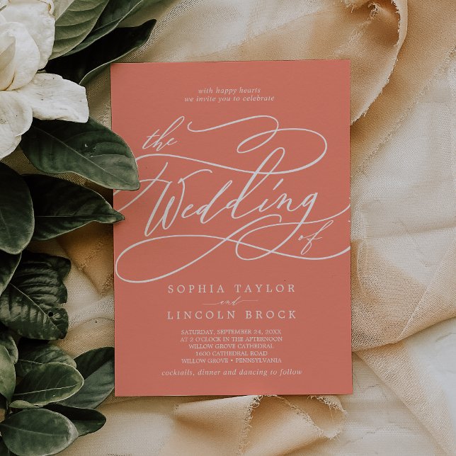 SOPHIA Bright Coral Pink Orange Beach Wedding Invitation (SOPHIA Bright Coral Pink Orange Beach Wedding Invitation)
