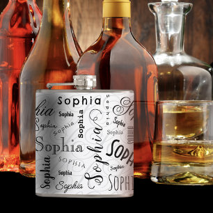 Sophia Custom Name Pattern Black White Hip Flask