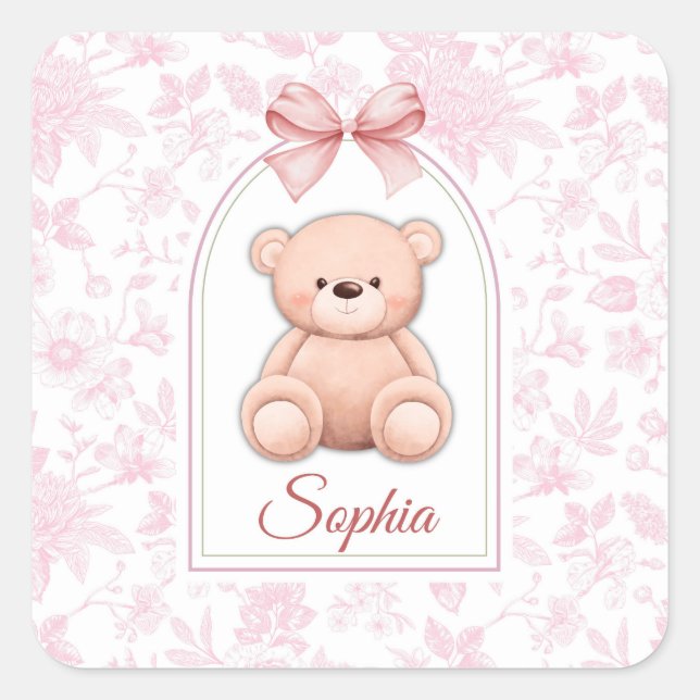 Sophia | Custom Pink Teddy Bear Nursery Design  Square Sticker (Front)