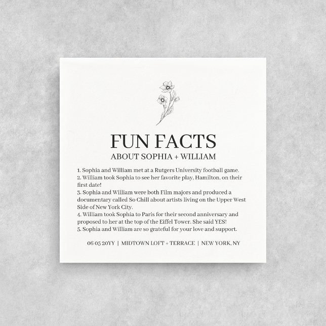 Sophia Modern Wedding Reception Fun Facts Cocktail Napkin (Creator Uploaded)