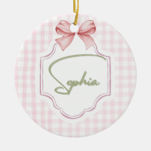 Sophia Personalized Pink Bow & Gingham Print  Ceramic Ornament