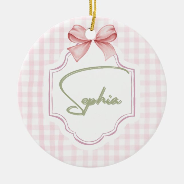 Sophia Personalized Pink Bow & Gingham Print  Ceramic Ornament (Front)