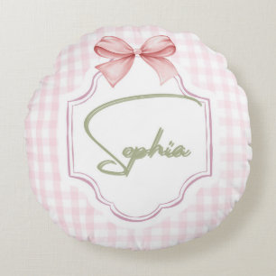 Sophia Personalized Pink Bow & Gingham Print Round Pillow