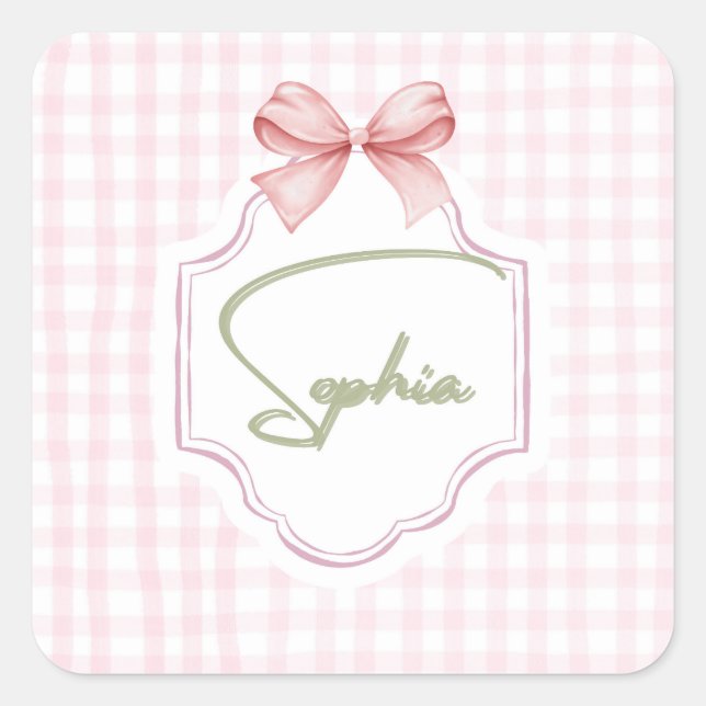 Sophia Personalized Pink Bow & Gingham Print  Square Sticker (Front)