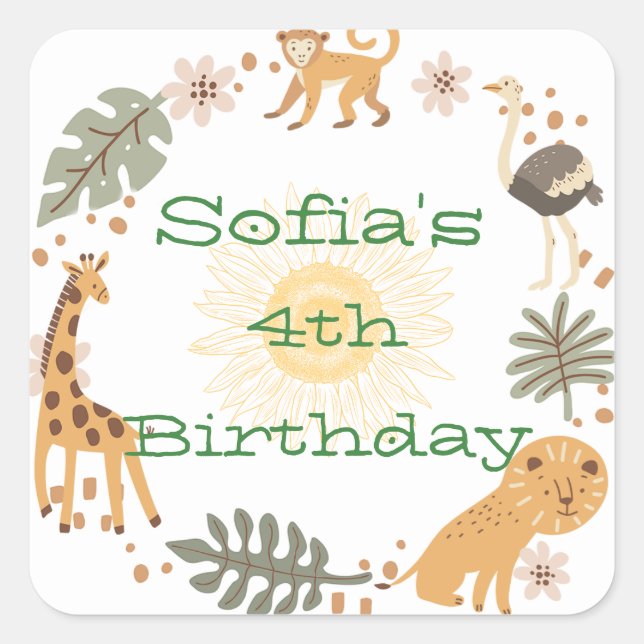 Sophia's Jungle Animal Party Square Sticker (Front)