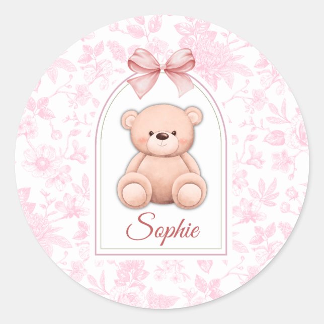 Sophie | Custom Pink Teddy Bear Nursery Design  Classic Round Sticker (Front)