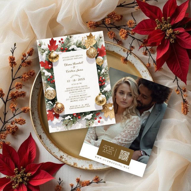 Sophistated Colorful Christmas Botanical & Floral Invitation (Sophisticated Colorful Christmas Botanical and Floral Frame Wedding Invitations Cards with Back QR.)
