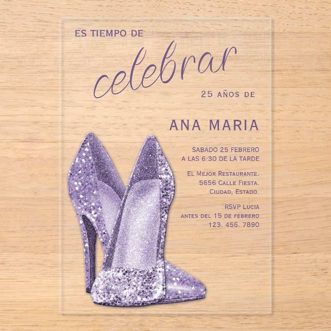 Sophisticated Amethyst Spanish Feminine Birthday  Acrylic Invitations (Front)