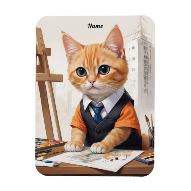 Sophisticated Architect Cat Ginger Kitten Art Magnet (Vertical)