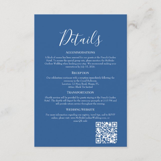 Sophisticated Azure Wedding Details Enclosure Card (Front)