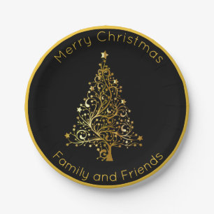 Sophisticated Black and Gold Christmas Tree Paper Plate