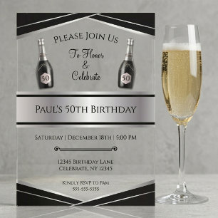 Sophisticated Black and Silver 50th Birthday Him Acrylic Invitations