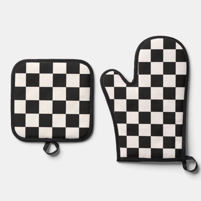 Sophisticated Black and White Chequered Pattern Oven Mitt & Pot Holder Set (Front)