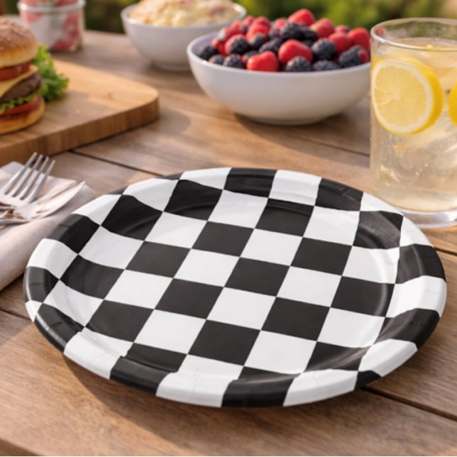 Sophisticated Black and White Chequered Pattern Paper Plate (Creator Uploaded)