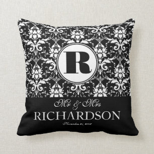 Sophisticated Black and White Damask Monogram Throw Pillow