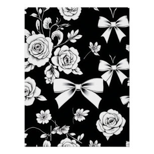 Sophisticated Black and White Floral and Bow Poster