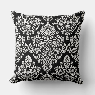 Sophisticated Black and White Royal Damask Pattern Throw Pillow