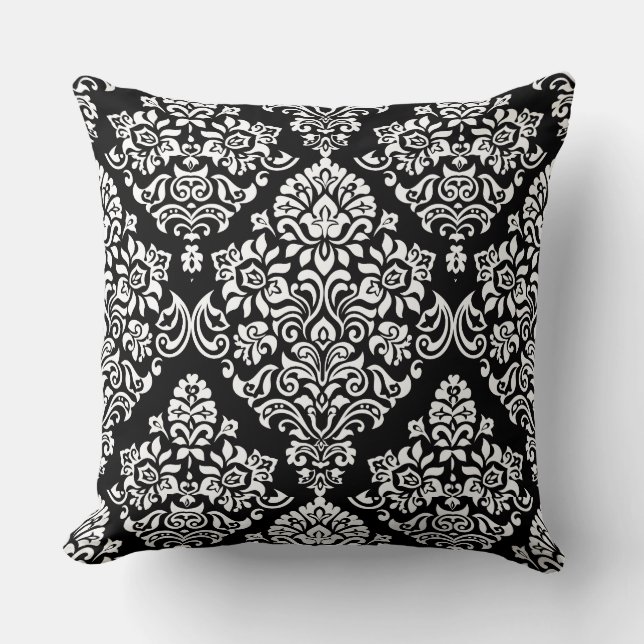 Sophisticated Black and White Royal Damask Pattern Throw Pillow (Front)