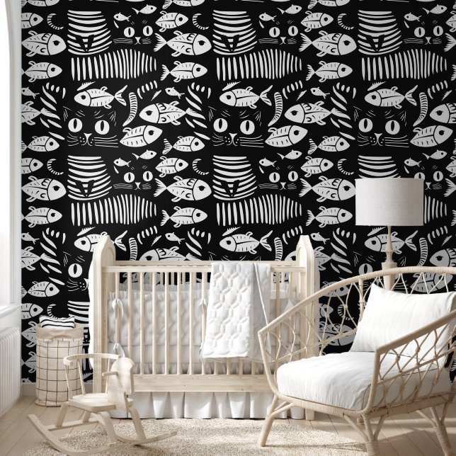 Sophisticated black cat flat line design wallpaper (Kids)