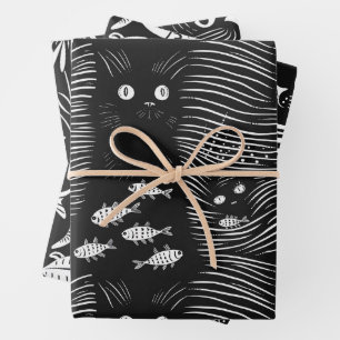 Sophisticated black cat flat line design wrapping paper sheet