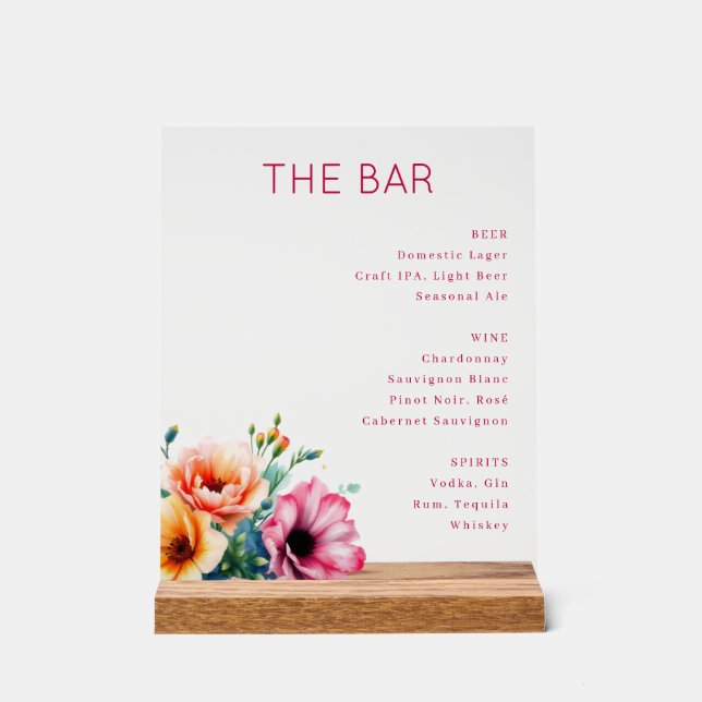 Sophisticated Black Floral Bar Menu Acrylic Sign (Front)