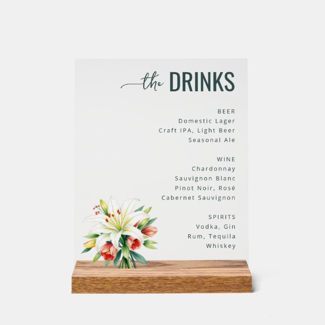 Sophisticated Black Floral Beverage Menu Acrylic Sign (Front)