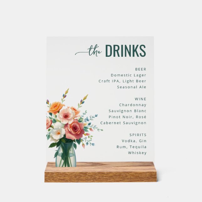 Sophisticated Black Floral Wine Menu Acrylic Sign (Front)
