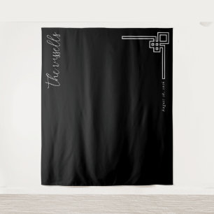 Sophisticated Black Geometric Calligraphy Tapestry