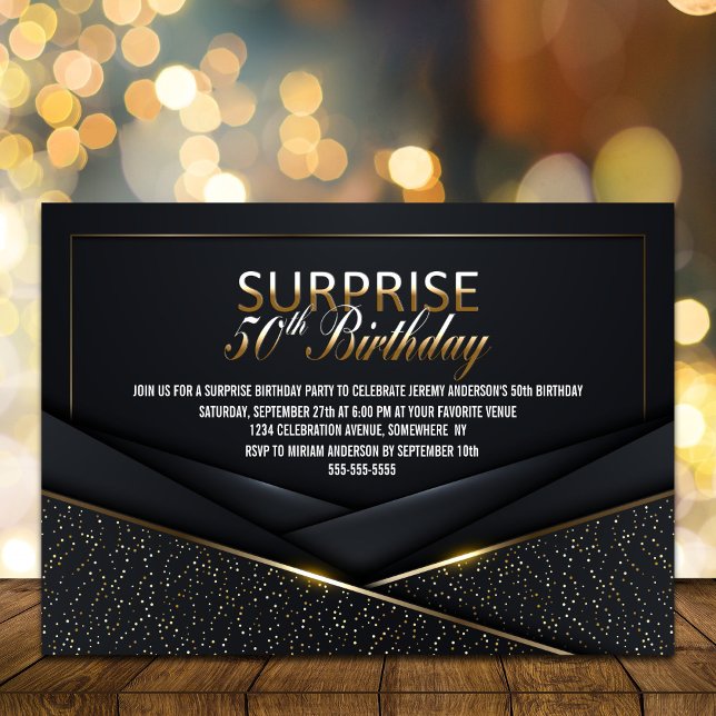 Sophisticated Black Gold 50th Surprise Birthday Invitation (Creator Uploaded)