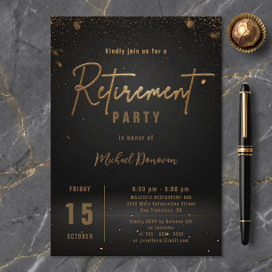 Sophisticated Black Gold Confetti Retirement Party