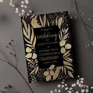 Sophisticated black gold foliage floral wedding invitation