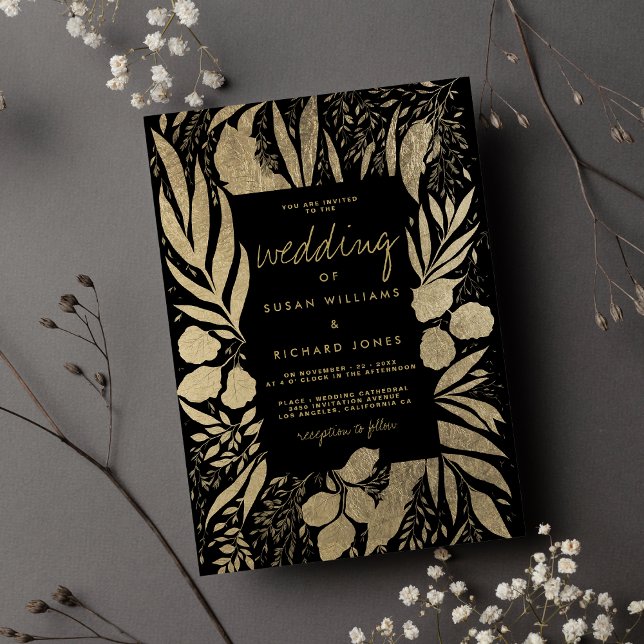 Sophisticated black gold foliage floral wedding  invitation (Sophisticated black gold foliage floral wedding invitation )