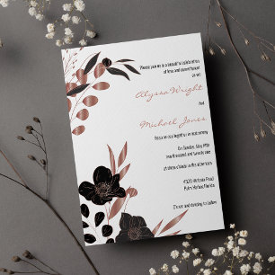 Sophisticated black rose gold floral glam Wedding Invitation